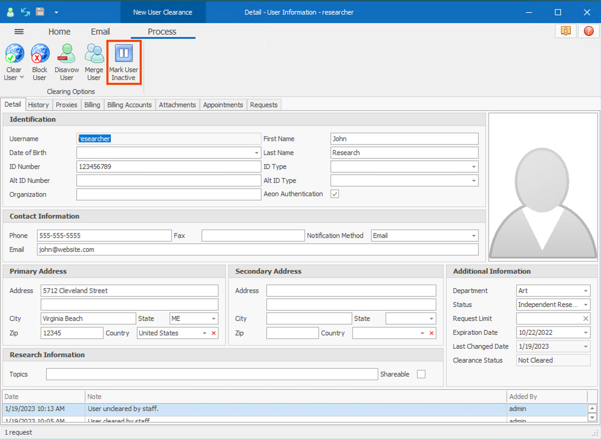 Mark User Inactive button on User Form